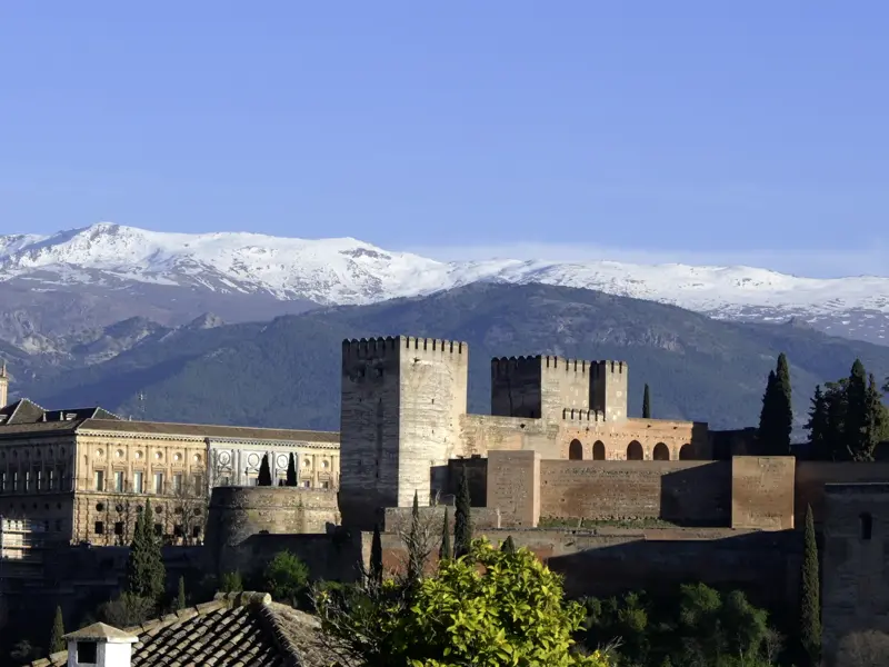 Ein Blick, der immer wieder begeistert! Wir erleben die Alhambra mit Studiosus und schauen vom Albaicín auf die Festung vor den schneebedeckten Bergen der Sierra Nevada.