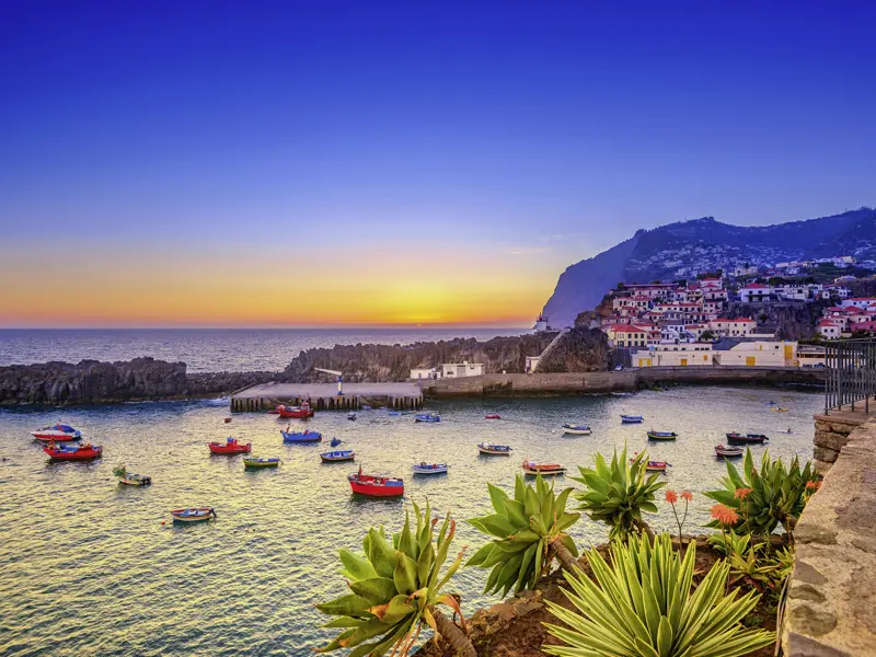 Auf unserer Studienreise mit Muße auf Madeira können Sie malerische Sonnenuntergänge erleben, so zum Beispiel am Hafen von Camara de Lobos.