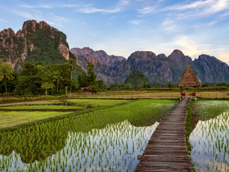 Reisfelder, Karstfelsen und Tropfsteinhöhlen - das ist Vang Vieng. Die Tham-Chang-Höhle schauen wir uns auf unserer Studienreise durch Laos genauer an.