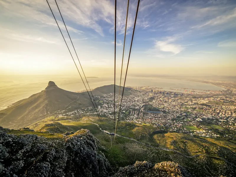 Überwältigende Panoramablicke sind auf unserer Studienreise nach Südafrika garantiert. Unter anderem fahren wir mit der Seilbahn auf den Tafelberg hoch über Kapstadt.