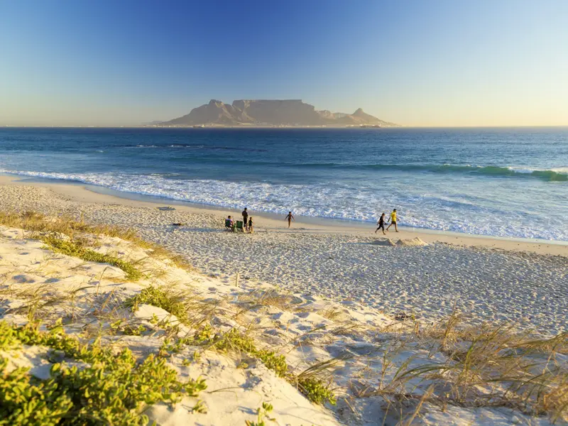 Vom malerischen Bloubergstrand aus hat man perfekte Aussicht auf den Tafelberg von Kapstadt, eine unserer Stationen auf unserer Rundreise in kleiner Gruppe durch Südafrika.