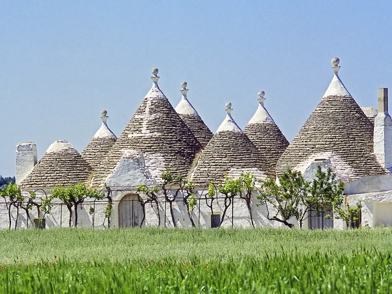 Auf unserer Reise in kleiner Gruppe durch Apulien stoßen wir vor allem in und um Alberobello immer wieder auf die für die Region typischen Bauten, die Trulli heißen.