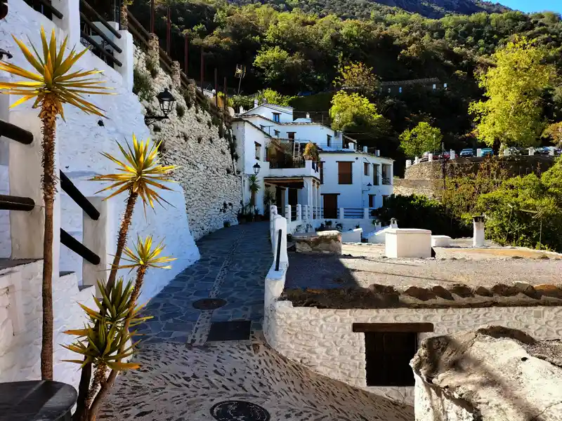 Beim Ausflug in die Alpujarras auf unserer Rundreise durch Spanien spazieren wir durch die weißen Bilderbuchdörfer Capileira und Pampaneira und schauen in einer Schinkentrocknerei vorbei.