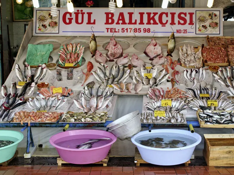 Auf unser Tour durch Istanbul sehen wir: An der Galatabrücke dreht sich alles um Fisch. Oben auf der Brücke stehen die Angler Spalier, unter der Brücke bieten Markthändler frischen Fisch und Meeresfrüchte an - und wer Appetit bekommen hat, kehrt in einem der vielen Fischrestaurants ein.