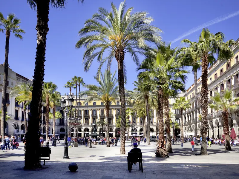 Eine gemütliche Pause auf der Placa Reial im Herzen von Barcelona auf der Städetreise mit Studiosus in die katalanische Hauptstadt