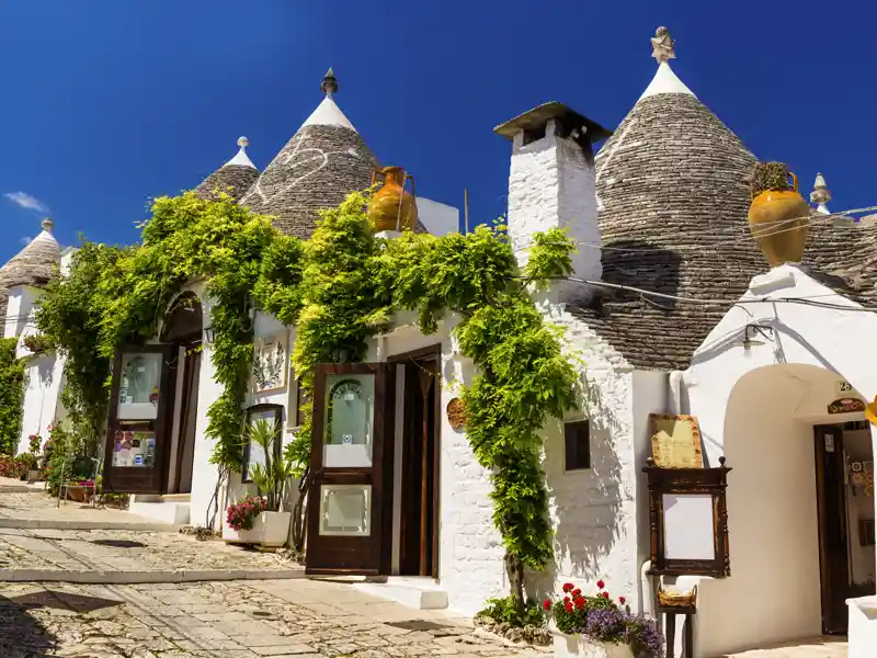 Durch Oliven- und Mandelhaine geht es auf unserer me&more-Reise für Singles und Alleinreisende nach Alberobello, in die Hauptstadt der Trulli. Wie Schlümpfe, die unter Zipfelmützen aus Kalksteinen hervorlugen, stehen die weiß getünchten Rundbauten in der Landschaft.