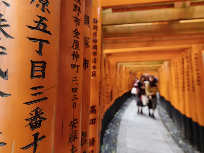 Auf unserer Reise für Singles und Alleinreise durch Japan verbringen wir zwei Tage in Kyoto und besuchen den herrlichen Fushimi-Inari-Schrein mit seinen langen Torii-Gängen.