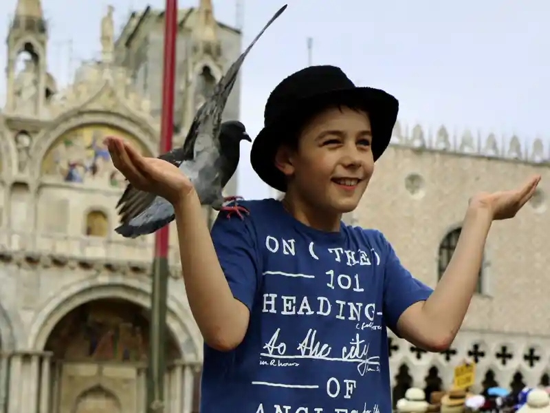 Die Tauben auf dem Markusplatz sind zwar nicht mehr so zahlreich wie früher - aber der Platz hat immer noch seine ganz besondere Faszination für jeden Besucher von Venedig, ob groß oder klein.