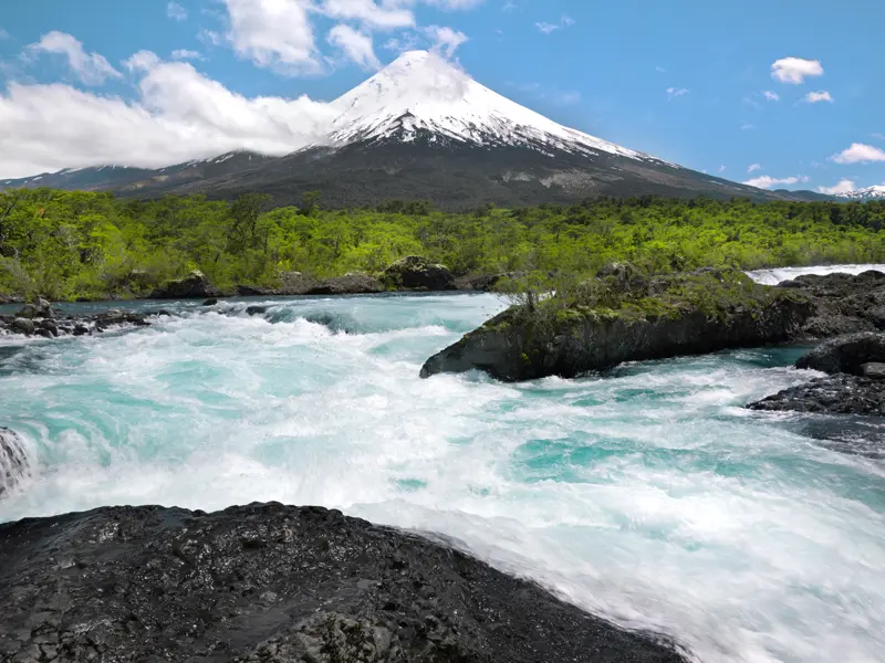 Auf unserer 22-tägigen Reise nach Südchile und Patagonien zeigt sich die Landschaft nicht nur auf unserer Wanderung zu den Petrohué-Wasserfällen mit Blick auf den Vulkan Osorno in seiner ganzen Pracht.