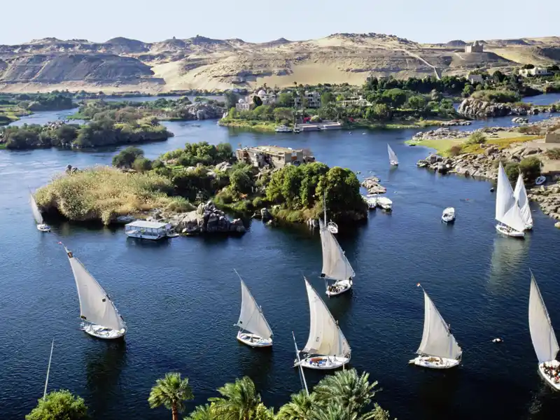 Bei unserer Ägyptenreise segeln wir auf einer traditionellen Feluke, flankiert von Assuans Skyline.