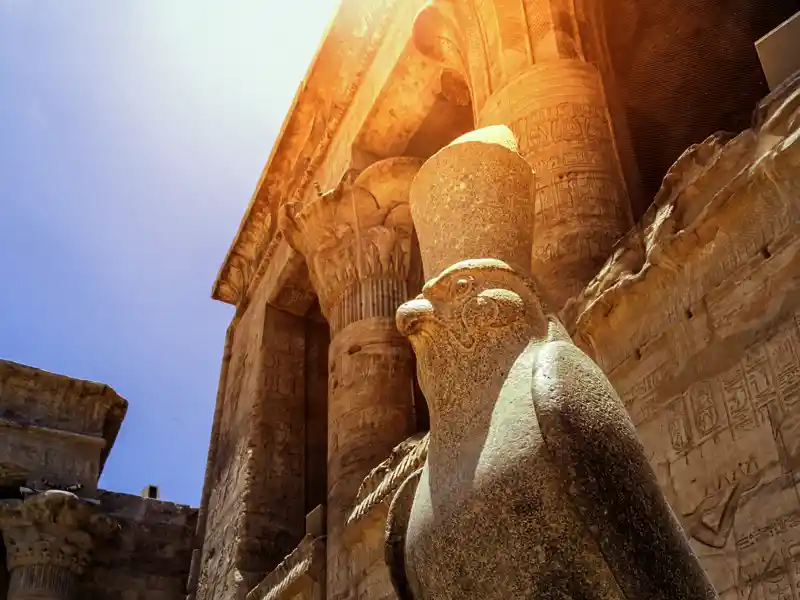 In Edfu stehen wir auf unserer Studienreise schließlich vor einem der besterhaltenen Tempel Ägyptens, dem Heiligtum des Falkengottes Horus mit seinem Sonnenauge.