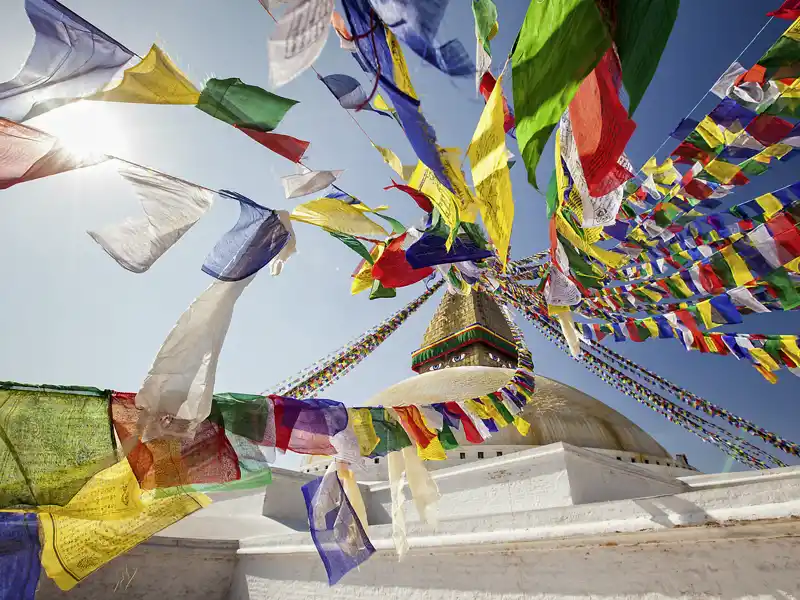 Gebetsfahnen weisen den Weg: Auf unserer Studienreise Nepal - am Thron der Götter besuchen wir den schneeweißen Stupa von Bodnath. Er ist die bedeutendste Kultstätte des Tibetischen Buddhismus im Kathmandutal (UNESCO-Welterbe).