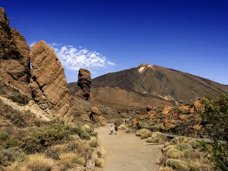 Unsere Naturerlebnis-Studienreise auf die Kanaren führt uns auch auf die Insel Teneriffa. Bizarre Felsen in Lavaschwarz, wie überdimensionale Termitenhügel, beeindrucken uns auf dem Spaziergang durch die Cañadas am Fuße des Vulkans Teide.