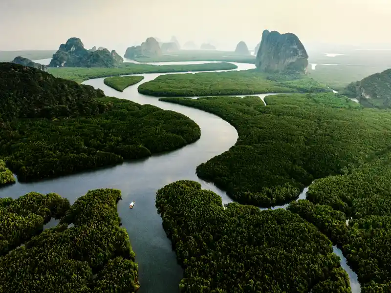 Atemberaubende Landschaften erleben Sie auf dieser smart&small-Rundreise in kleiner Gruppe; wie hier die Mangroven, Flussarme und Hügel in der paradiesischen Phang-Nga-Bucht.