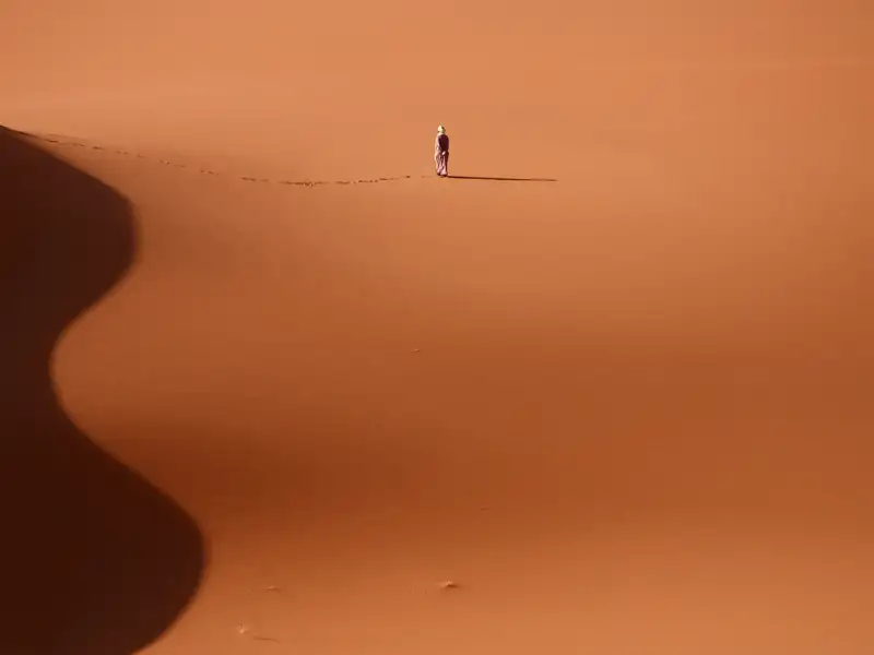 Eine Person steht auf einer Sanddüne, was auf eine Wanderung oder Erkundung in der Wüste hindeutet.