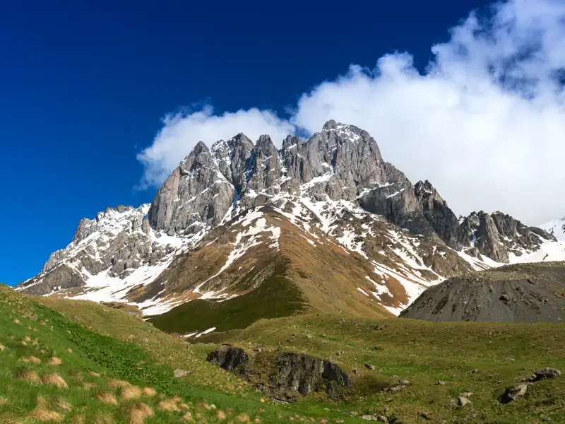 Schneebedeckte Berggipfel im Hintergrund.