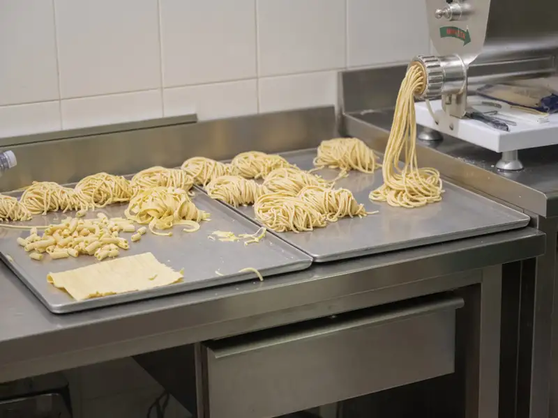 Frisch zubereitete Pasta in verschiedenen Formen, bereit zur Weiterverarbeitung.