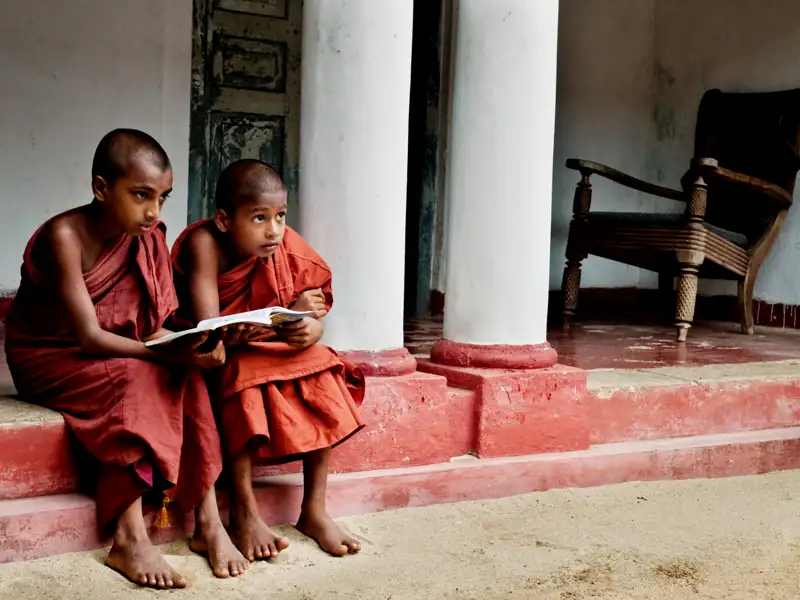 Zwei junge buddhistische Mönche lesen gemeinsam in einem Buch.