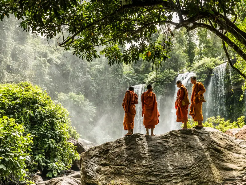 Vier Mönche in orangen Gewändern betrachten einen Wasserfall inmitten tropischer Vegetation.