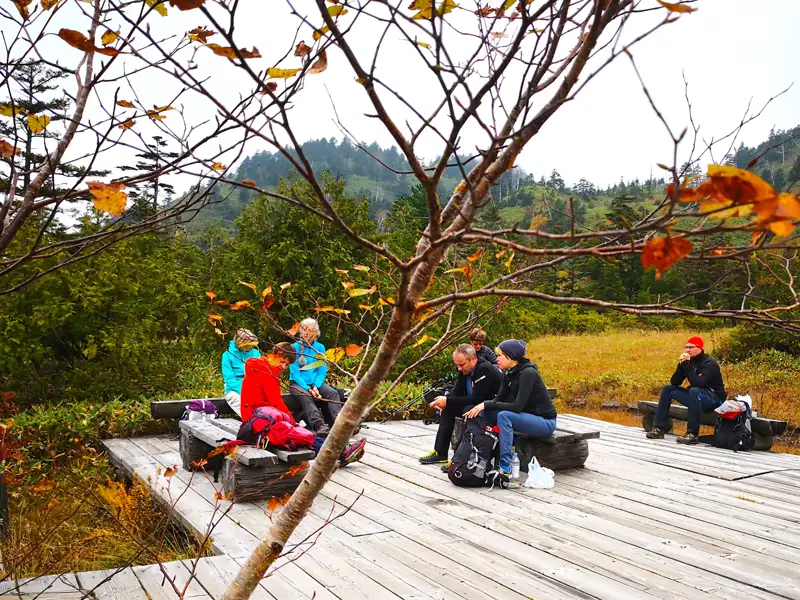 Wandergruppe pausiert auf einer Holzplattform im Herbst.