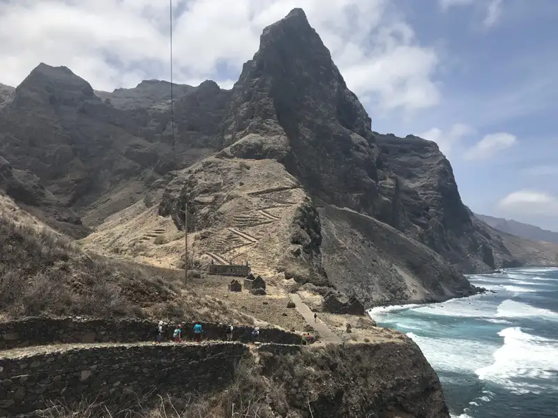 Wanderer auf einem Küstenpfad mit Blick auf die raue Landschaft und das Meer.
