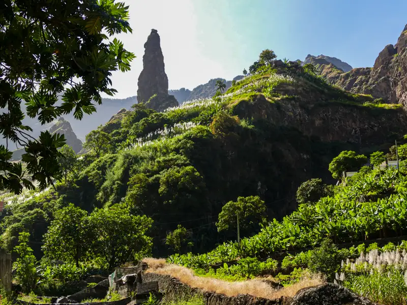 Spektakuläre Felsformation inmitten einer grünen Landschaft mit Bananenplantagen.