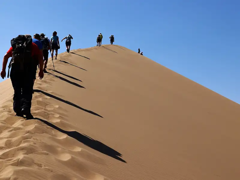 Wandergruppe besteigt eine Sanddüne.