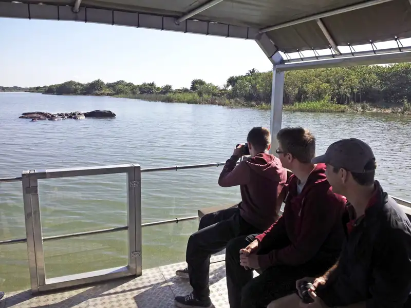 Reisende beobachten Flusspferde mit einem Fernglas vom Boot aus.