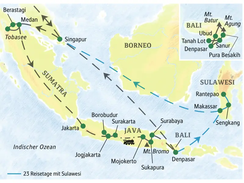 Unsere Reiseroute der Studienreise durch Indonesien startet auf Sumatra, führt über Java und Bali bis nach Sulawesi.