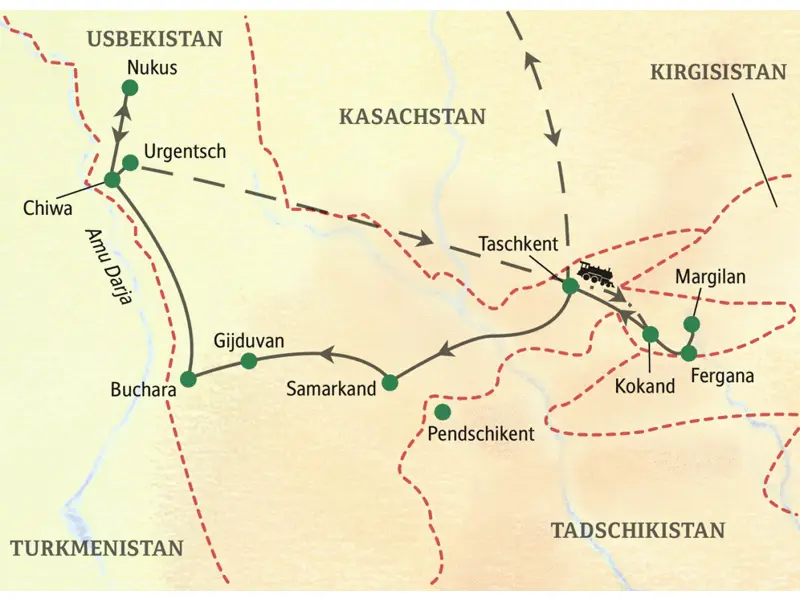 Die Reiseroute dieser Studienreise durch Usbekistan beginnt und endet in Taschkent. Sie führt ins Ferganatal, nach Samarkand, Buchara, Chiwa und Nukus. Mit zubuchbarem Ausflug nach Tadschikistan.