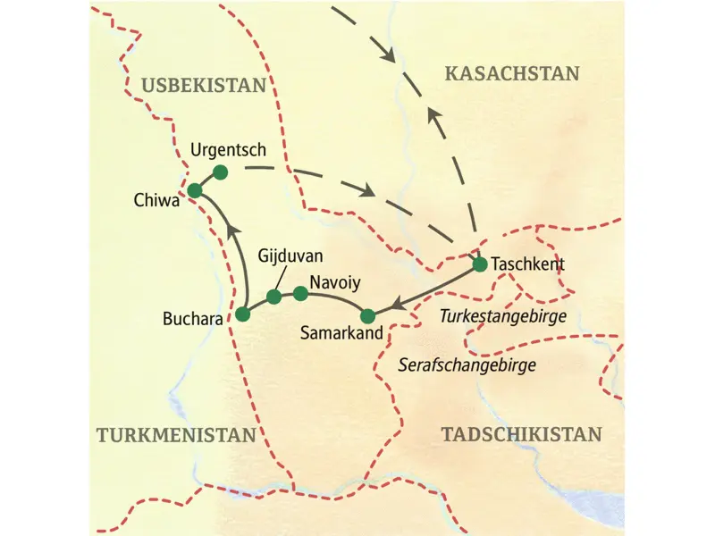 Die Reiseroute unserer elftägigen Studienreise durch Usbekistan startet in Taschkent und führt über Samarkand und Buchara nach Chiwa. Werfen Sie 1001 Blicke hinter die schillernden Kulissen der Seidenstraße!