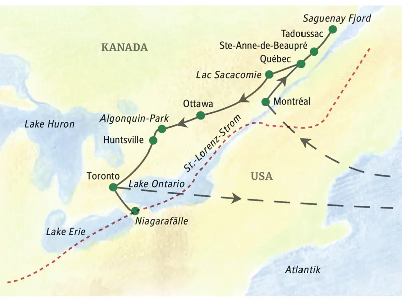 Unsere Reiseroute durch Kanada startet in Montréal und führt über Tadoussac, Québec, Ottawa, Huntsville bis nach Toronto.