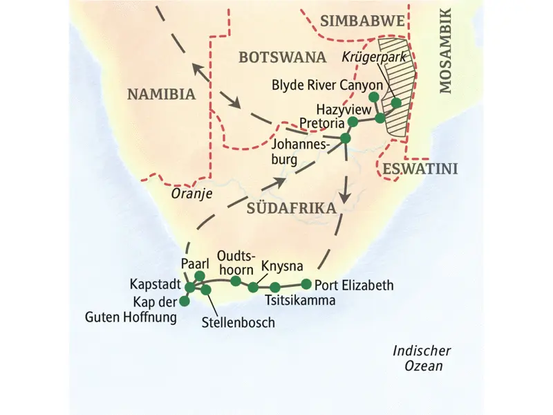 Unsere Reiseroute durch Südafrika startet in Johannesburg und führt uns nach Hazyview, in den Krüger-Nationalpark, nach Port Elizabeth und Knysna bis nach Kapstadt.