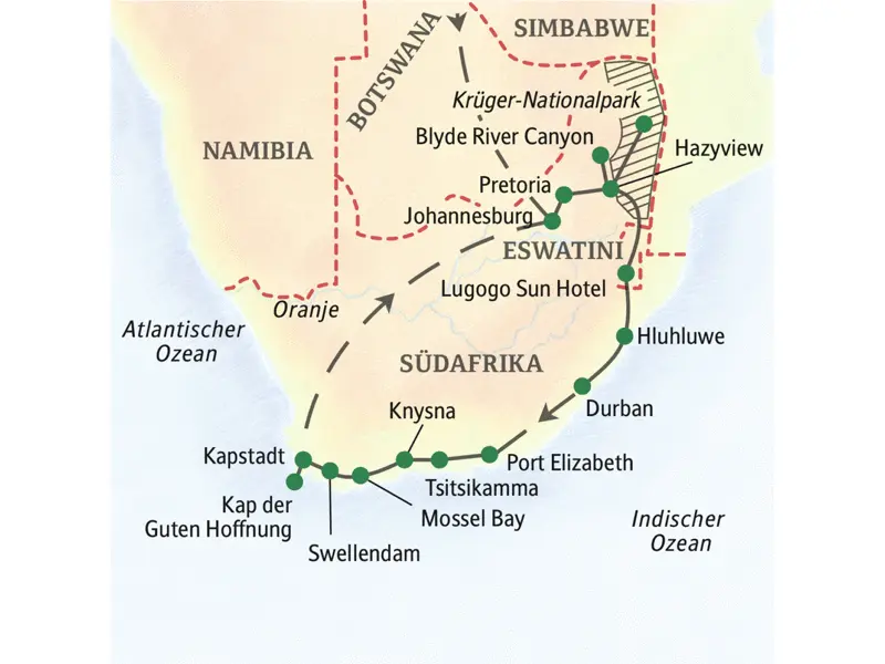 Unsere Reiseroute durch Südfrika startet in Johannesburg und führt über den Krüger-Nationalpark, Pretoria, Hazyview, Durban und Mossel Bay bis nach Kapstadt.