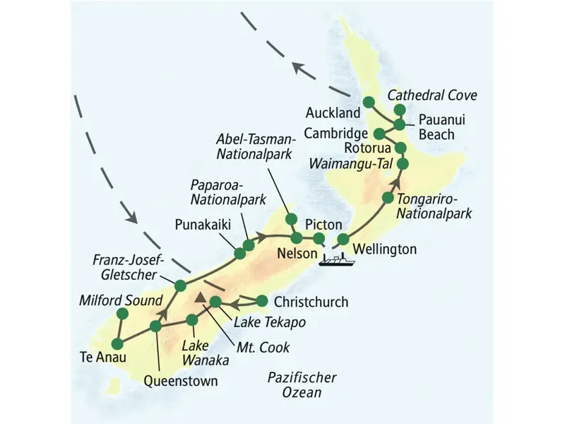 Unsere Wander-Studienreise durch Neuseeland startet in Christchurch und führt über  Wanaka, Queenstown, Wellington und Pauanui Beach bis nach Auckland.