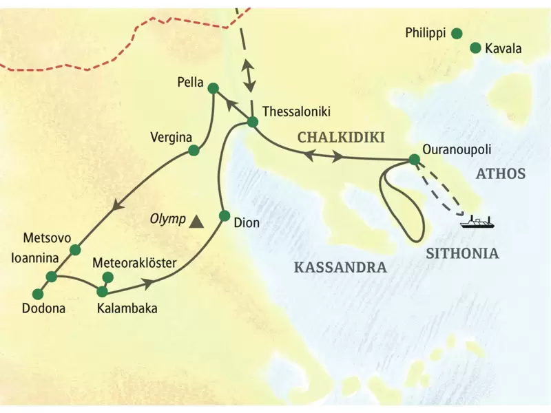 Unsere Reiseroute durch Nordgriechenland startet in Thessaloniki und führt über Ioannina, Kalambaka nach Ouraoupoli.