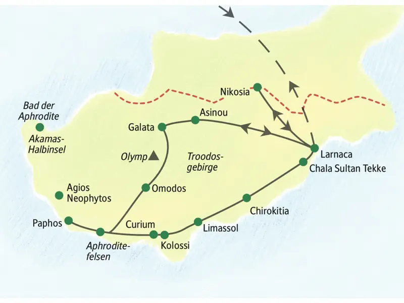 Von Larnaca aus besuchen wir auf unserer Studienreise durch Zypern u.a. Limassol, Kolossi, Nikosia und Galata. Wir steuern Pahpos an, und von da aus haben Sie die Gelegeheit zu einem Ausflug auf die Akamas-Halbinsel.