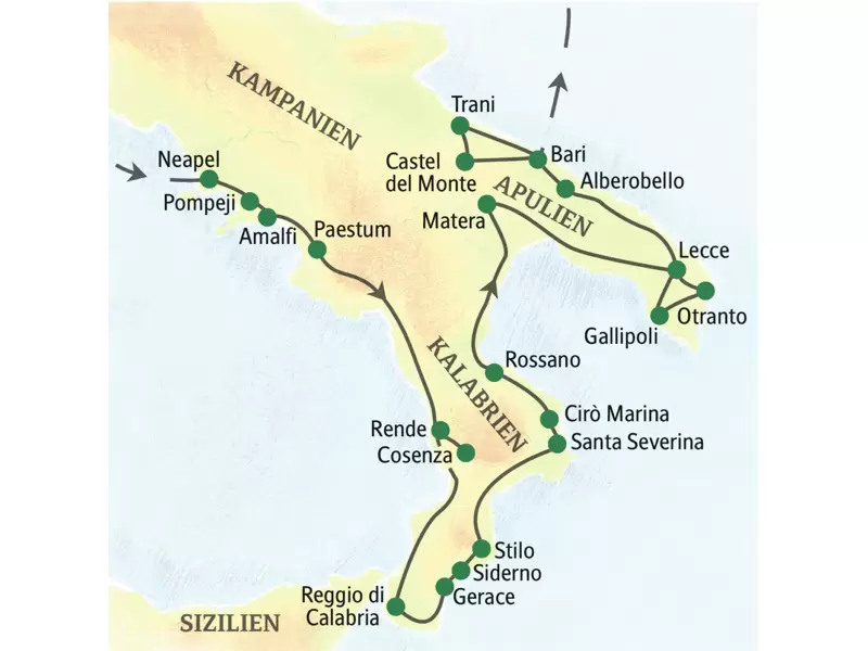 Auf dieser 14-tägigen Studienreise mit ausführlichem Besichtigungsprogramm erleben Sie ausgehend von Neapel den tiefen Süden Italiens mit den Regionen Kampanien, Kalabrien und Apulien. Mehrfachübernachtungen in Neapel, Matera, Lecce und Bari.