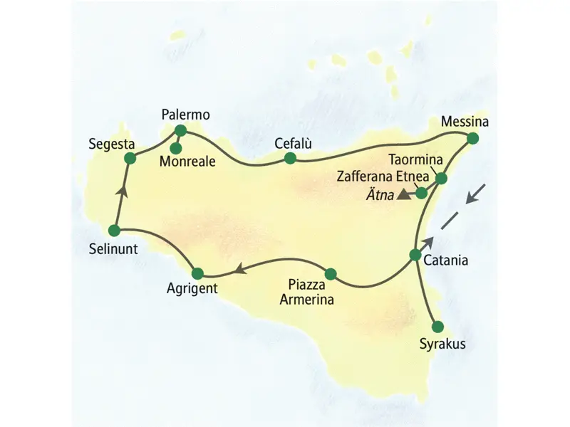 Unsere Reiseroute durch Sizilien startet in Catania und führt über Agrigent, Selinunt, Segesta, Palermo und Messina zurück zum Ausgangspunkt. auch bringt uns unser Bus hinauf zum Ätna.