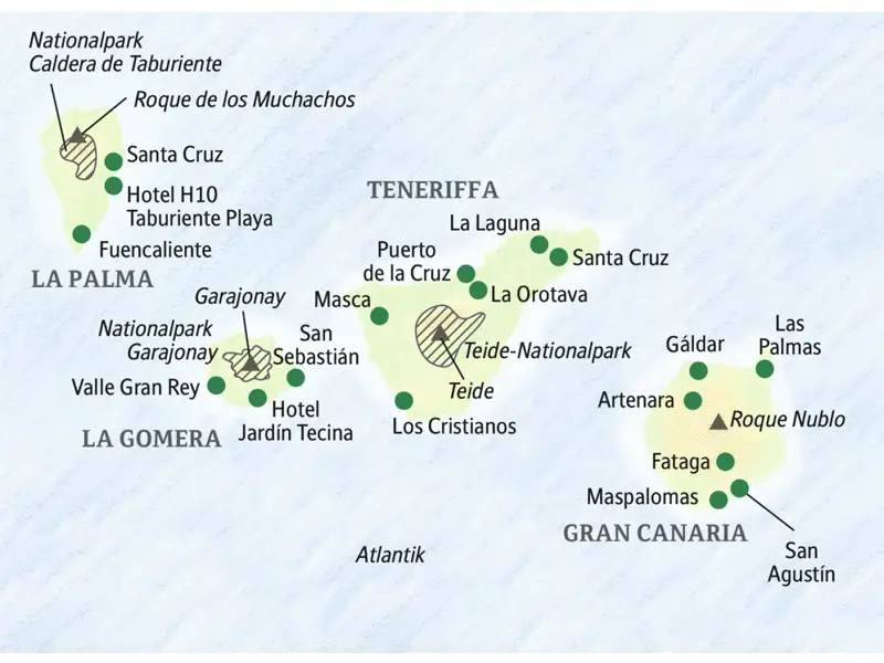 Unsere Reiseroute  führt Sie zu vier Inseln der Kanaren: Gran Canaria, Teneriffa, La Palma und La Gomera.