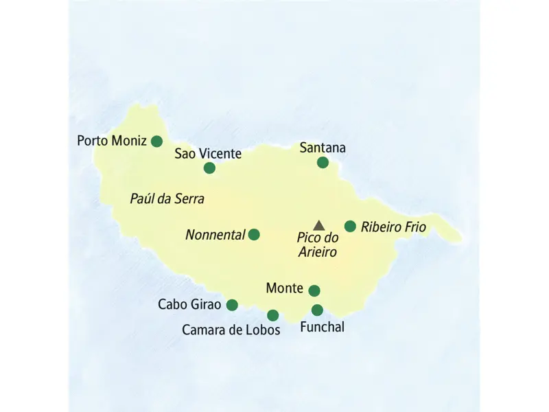 Ausgangspunkt unserer Erkundungen auf Madeira  ist Funchal. Wir erleben den Pico do Arieiro, Santana, Porto Moniz, Cabo Girao und Camera de Lobos an der Küste.