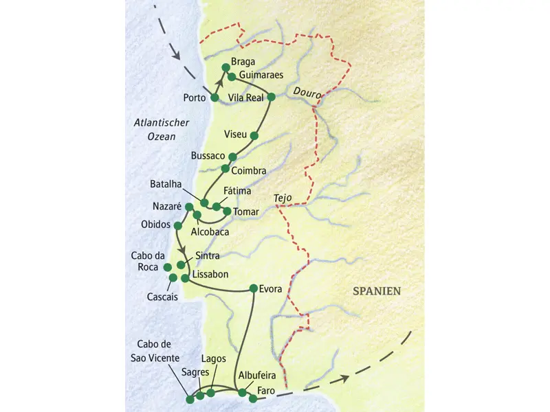 Unsere Reiseroute durch Portugal startet in Porto und führt über Coimbra, Alcobaca, Sintra, Lissabon, Albufeira bis nach Faro. Auch die Klöster in Batalha und Tomar besuchen wir auf dieser Studienreise.