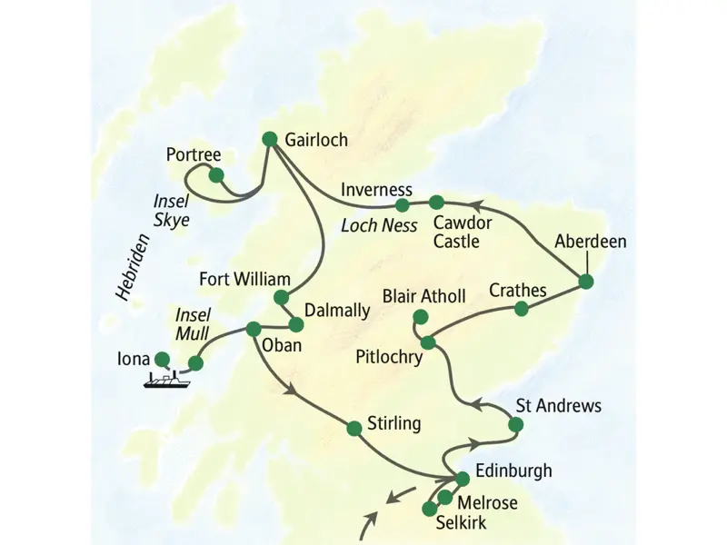 Unsere Reiseroute durch Schottland startet in Edinburgh, führt über St Andrews, Aberdeen, Gairloch, Fort William und Stirling zurück zu unserem Ausgangspunkt. Wir besuchen auch Nessi und die Insel Skye.