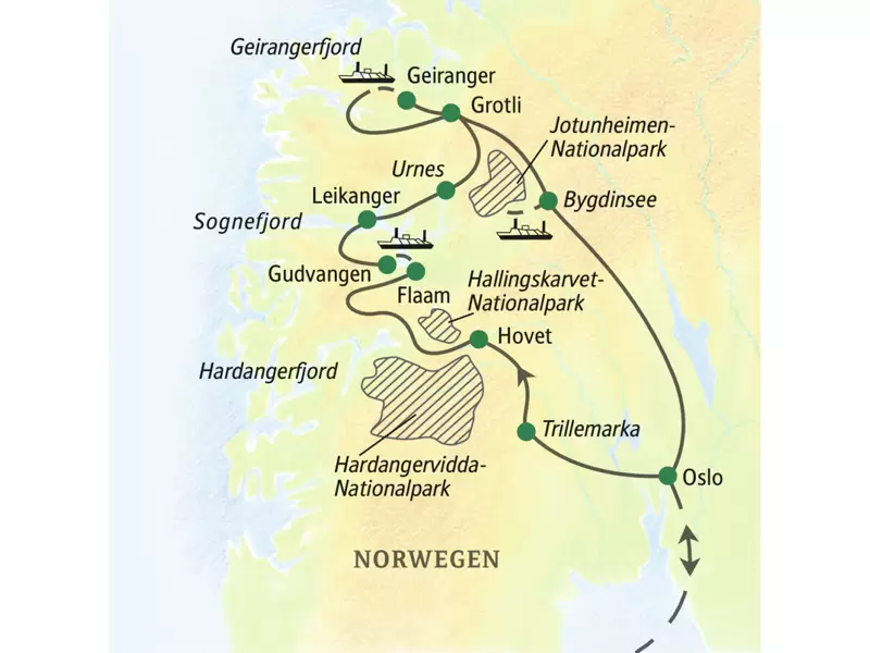 Unsere Reiseroute durch Norwegen startet in Oslo und führt über Trillemarka, Hovet, Gudvangen, Leikanger, Gerotli zurück nach Oslo. Wir erleben auf dieser Wander-Studienreise den Geirangerfjord und wandern auf dem historischen Königsweg.