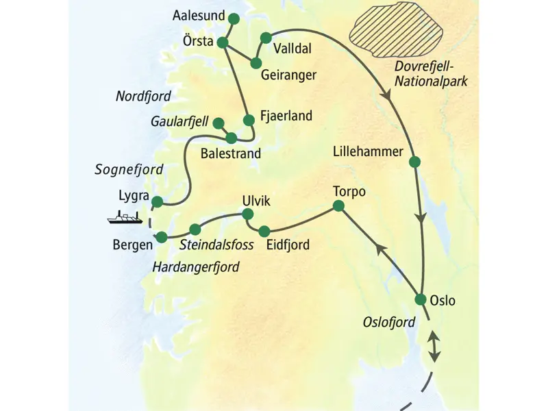 Unsere Reiseroute durch Norwegen startet in Oslo und führt über Ulvik, Bergen, Balestrand, Örsta und Valdal bis nach Lillehammer. Wir besuchen auf dieser Studienreise den Geirangerfjord und fahren zum Trollstigen.