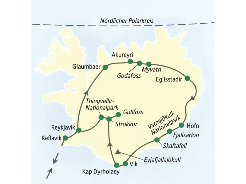 Die Reiseroute durch Island startet in Reykjavik und führt über Glaumbaer, Akureyri, Myvatn, Egilsstadir, Fjallsarlon und Kap Dyrholaey zurück in dieHauptstadt.