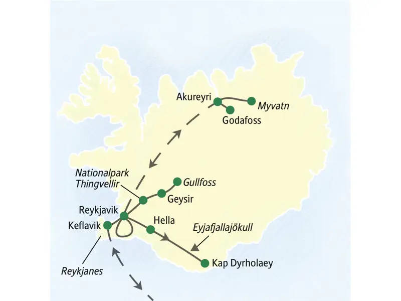 Unsere Reiseroute durch Island startet in Reykjavik und führt über Myvatn, Akureyri und Hella bis nach Keflavik. Wir erkunden auf dieser Studienreise auch die Halbinsel Reykjanes und den südlichsten Punkt Islands bei Dyrholaey.