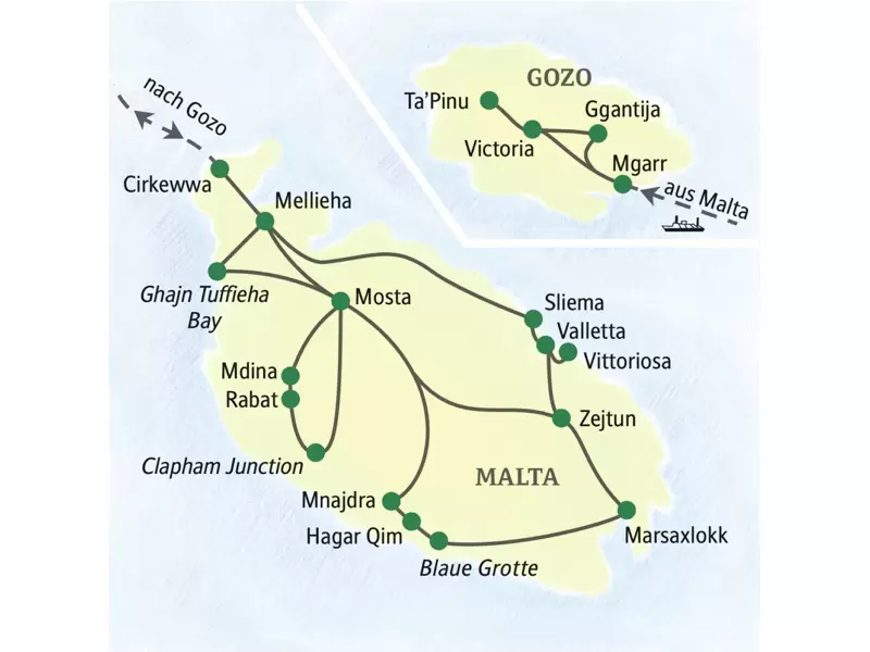 Unsere Studienreise beginnt auf Malta, wir wohnen in Mellieha und entdecken von hier aus die Insel. Sliema, Valletta, Mosta, Mdina und Rabat lernen wir kennen. Ein Ausflug mit der Fähre bringt uns auf die InselGozo, wo wir Mgarr, Victoria, Ta'Pinu und Ggantija besuchen.