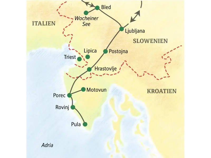 Höhepunkte der neuntägigen Studienreise Slowenien-Istrien mit Muße sind der Bleder See, Ljubljana, Porec, Pula, Rovinj und die Höhlen von Postojna.