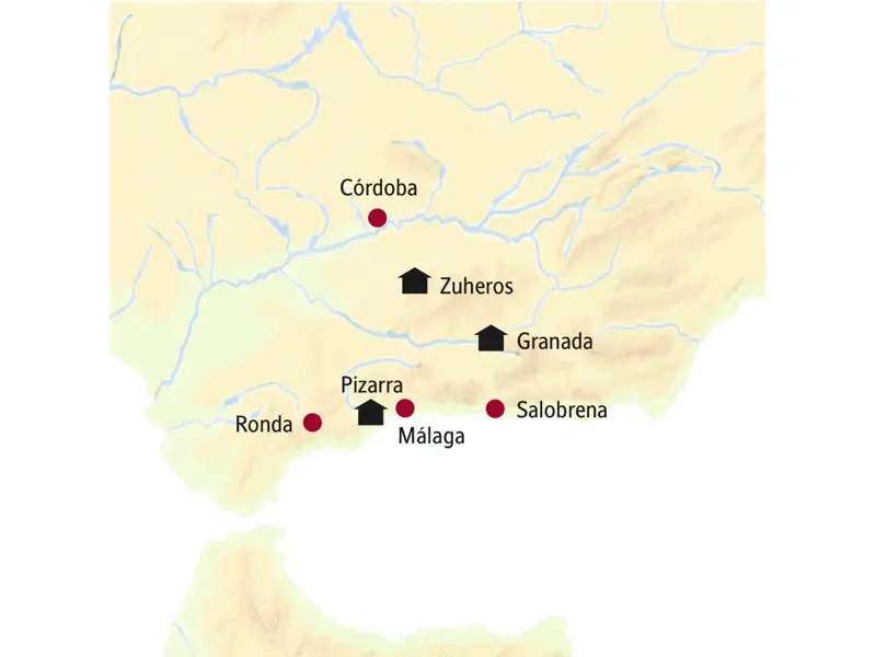 Unsere Stationen auf der Rundreise durch Andalusien sind Pizarra, Zuheros und Granada. Wir besuchen auch Córdoba, Salobrena, Málaga und Ronda.